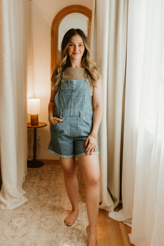THE DENIM CROSS BACK OVERALLS